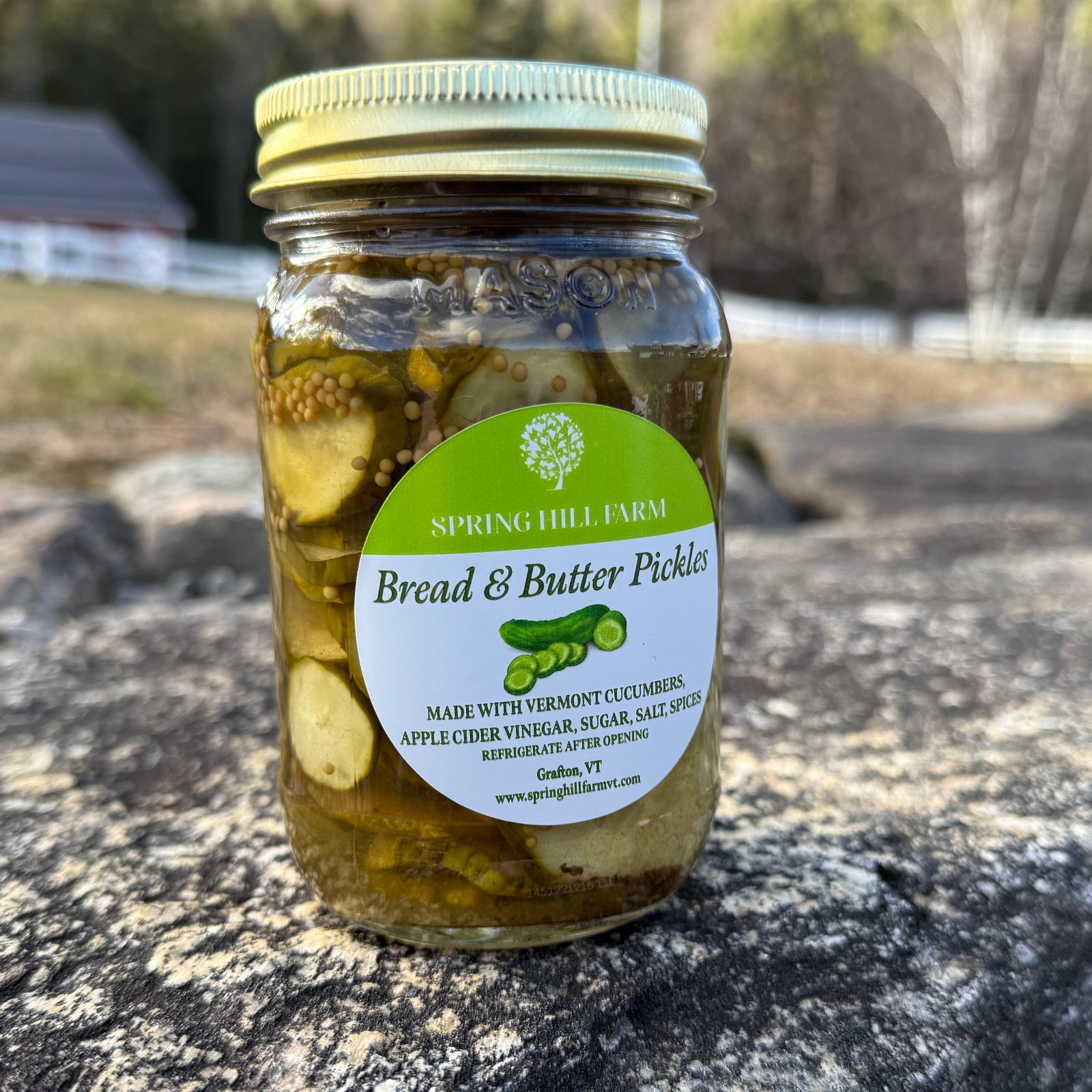 jar of Spring Hill Farm Bread and Butter Pickles sitting on a rock wall outdoors