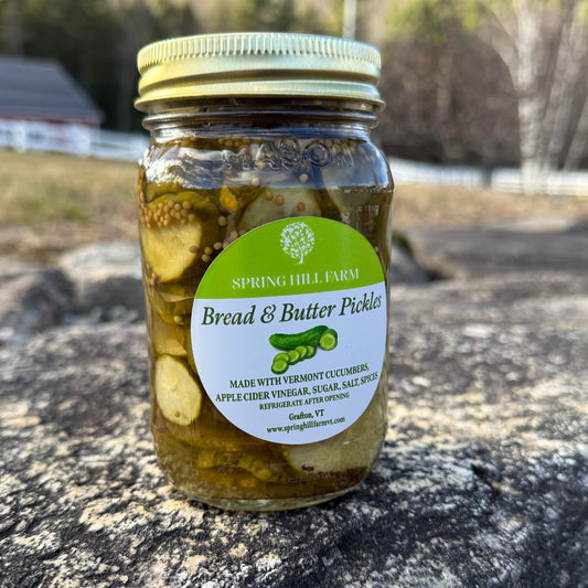 jar of Spring Hill Farm Bread and Butter Pickles sitting on a rock wall outdoors